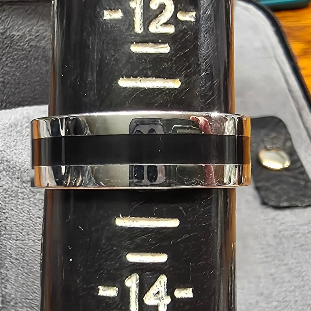 New Band Ring Plus Size 13 SilverTone Black Inlay Wedding Thumb Commitment Shiny
